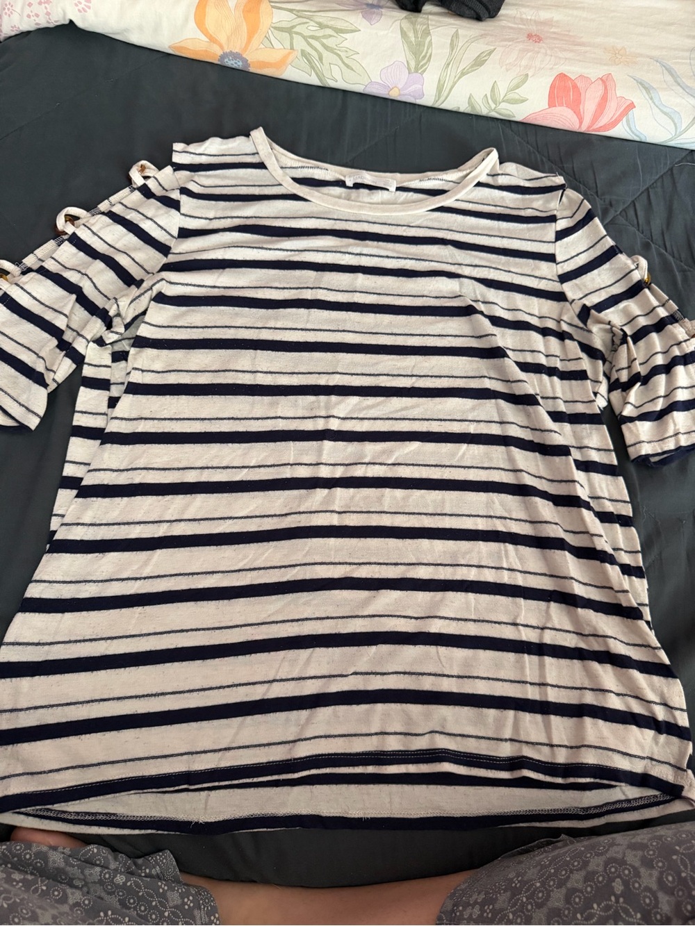 89th & Madison Navy and White Striped Cold-Shoulder Tee